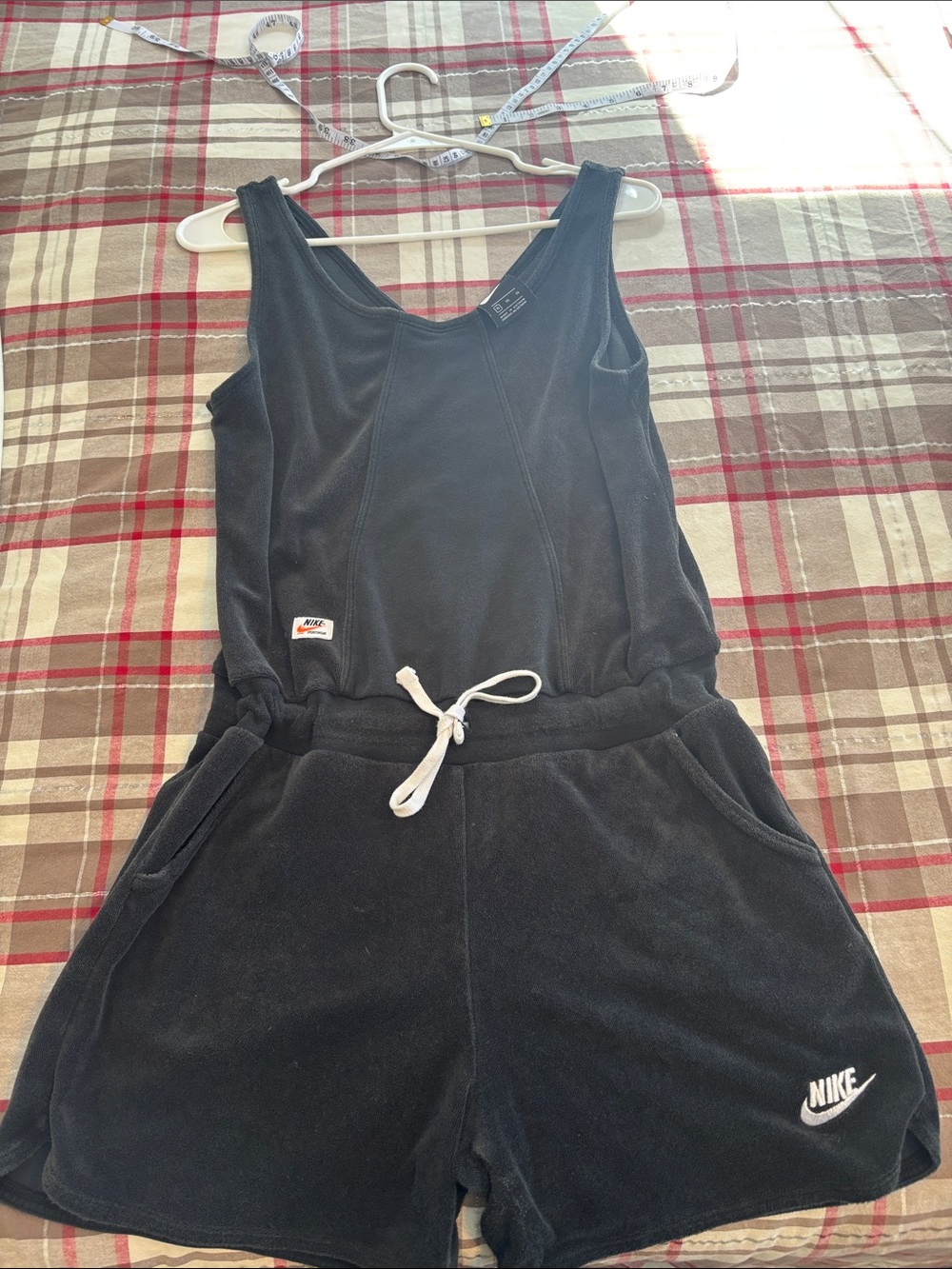 Nike Black Womens Terry Tank One-Piece Romper with Drawstring